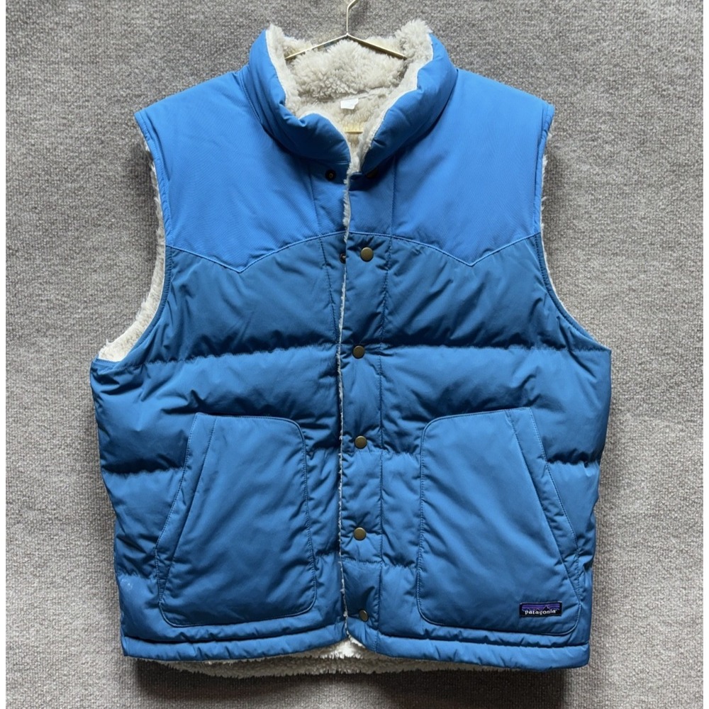 Patagonia Men's Reversible Bivy Vest Large Tidepool Blue Insulated Sherpa EUC